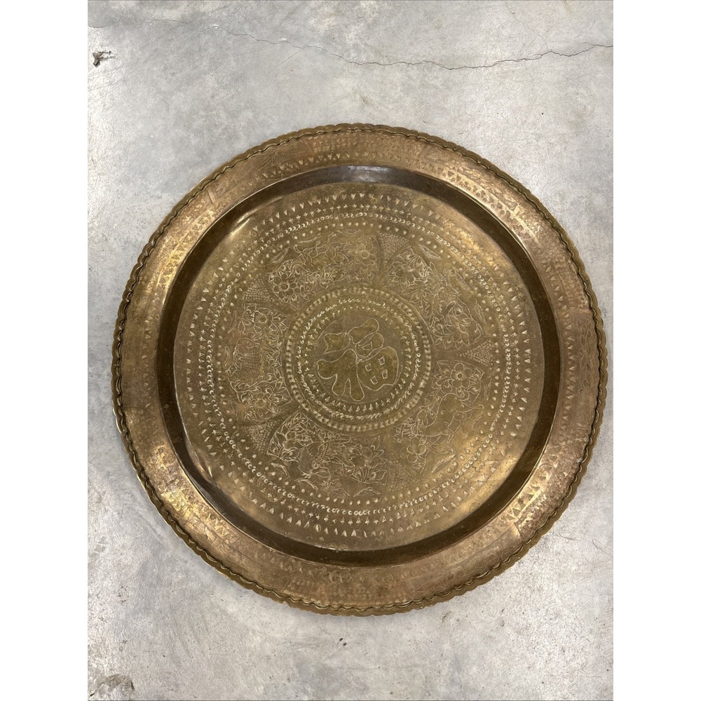 Large Vintage 24" Brass Wall Hanging Table Tray Hand Hammered Designs Hong Kong